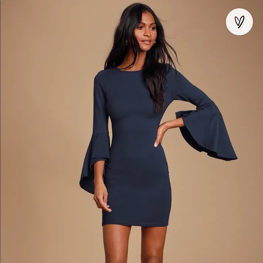 Lulus Gimme Some Flair Navy Blue Flounce Sleeve Bodycon Dress